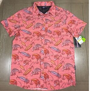 Psycho Tuna Shirt Mens Medium Fishing Lures Short Sleeve Button‎ Up Pink